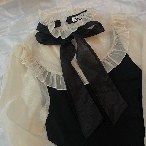 Zara high neck ribbon bow collar dress M - Picture 2 of 12